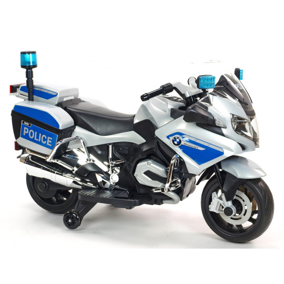 Elektrická policejní motorka pro děti BMW R 1200 RT se svítícími majáky a sirénou, stříbrná